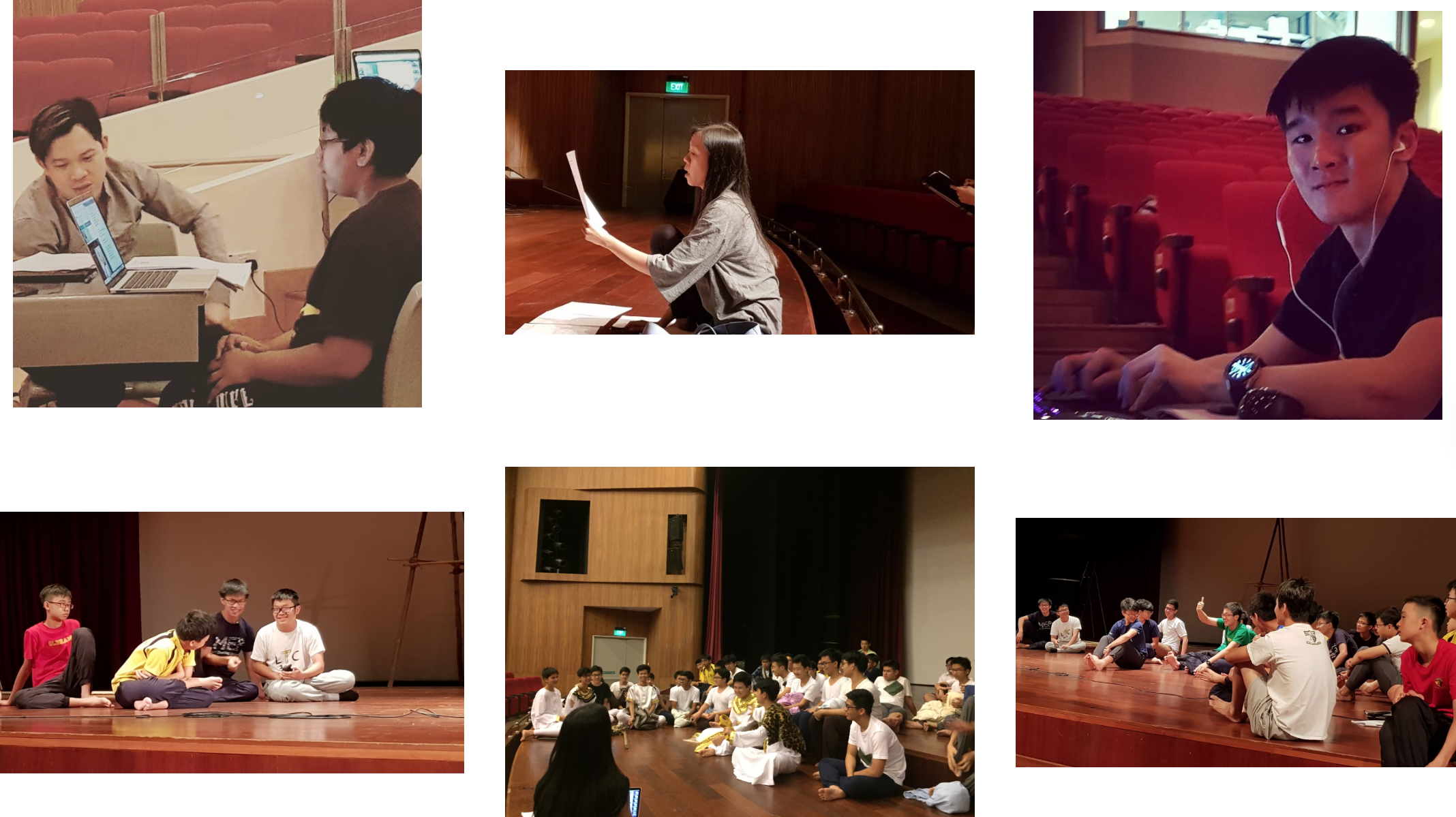 Six photos of students in a theater, some sitting on stage in groups, one girl holding papers, one boy with earphones.